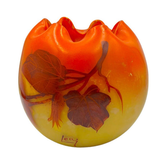Vintage Auguste Legras Floral Orange Hand Blown & Painted Vase SIGNED