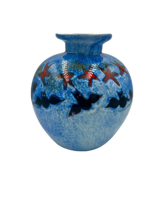 Vintage Hand Blown Glass Vase with Birds and Stars Detailing