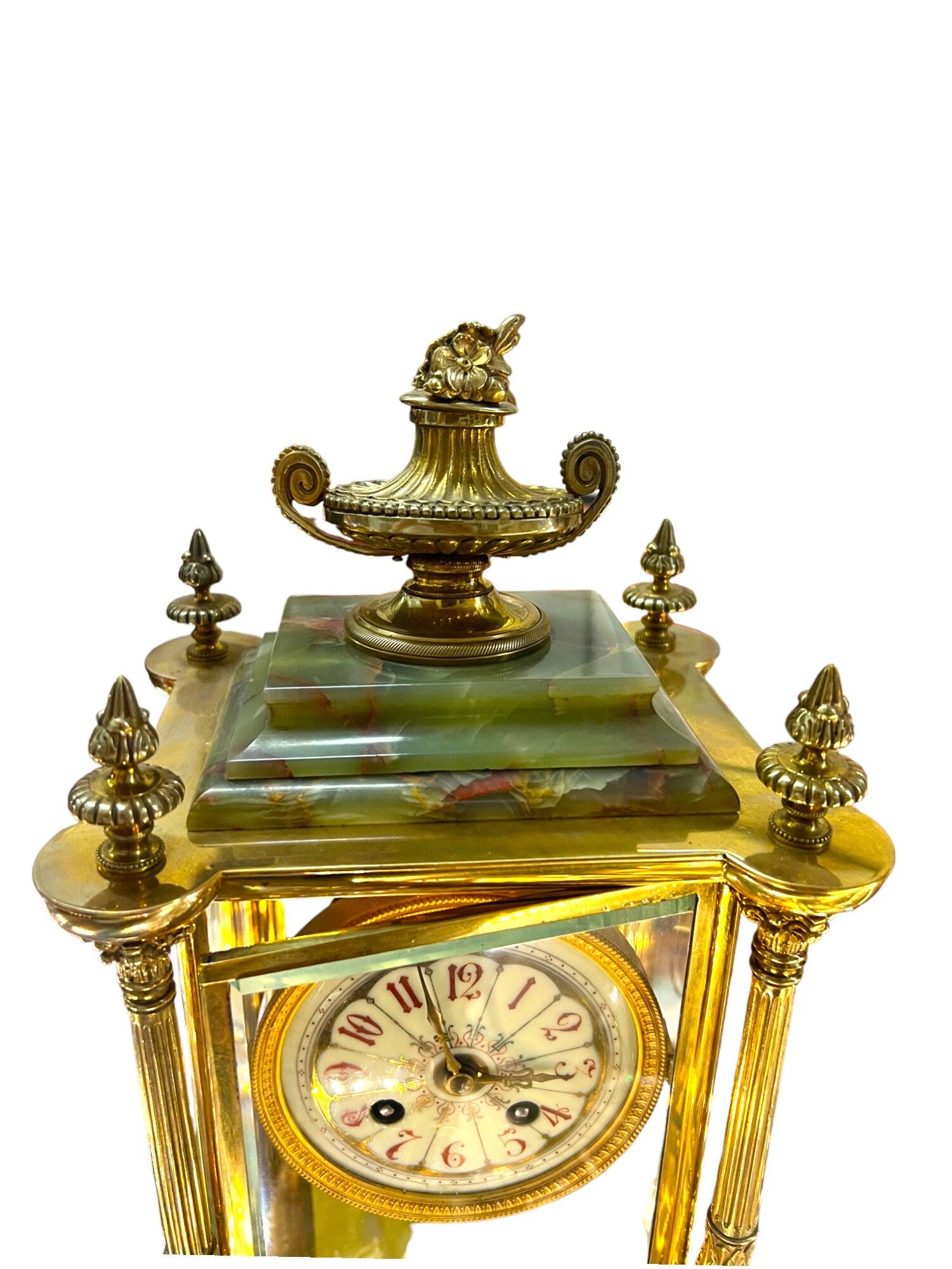 Antique Tiffany Alabaster and Ornate Brass Clock with Skeleton Key