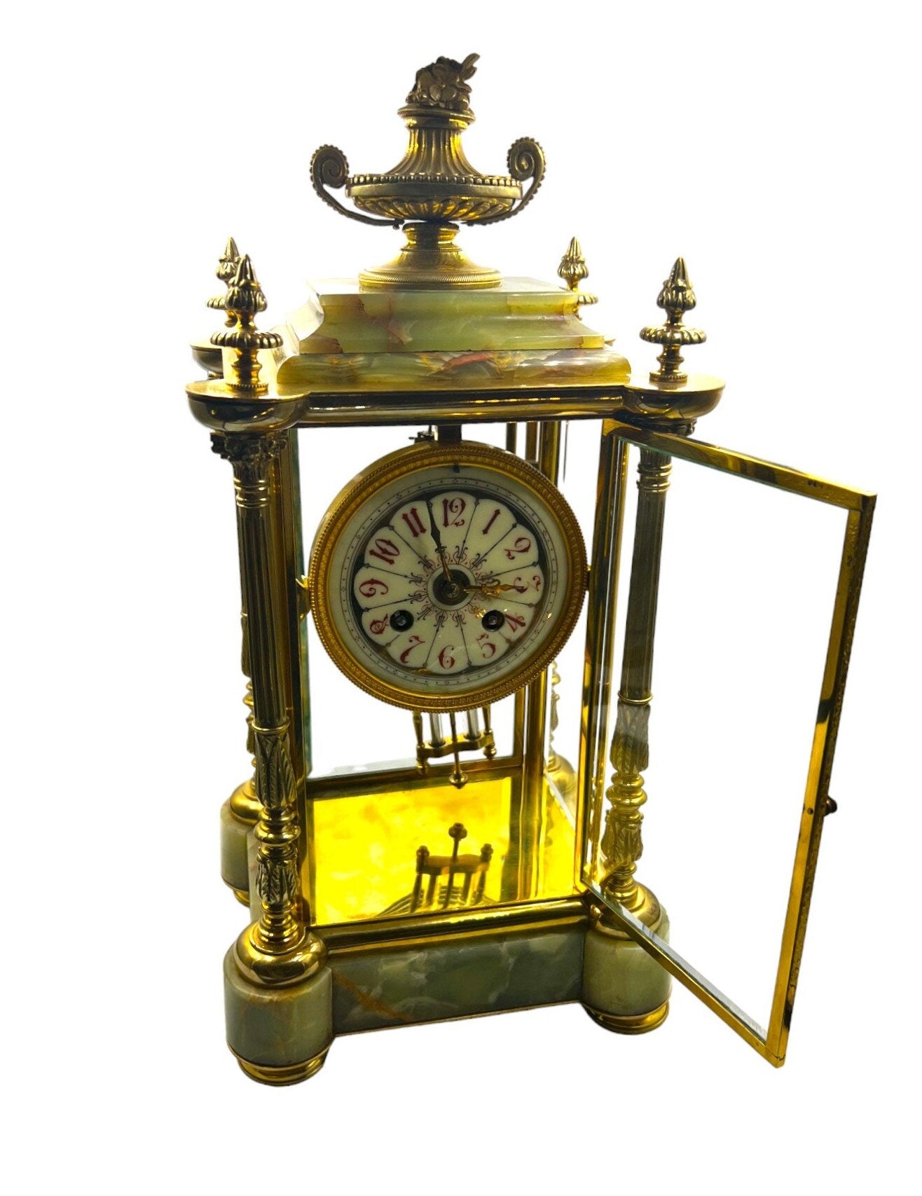 Antique Tiffany Alabaster and Ornate Brass Clock with Skeleton Key