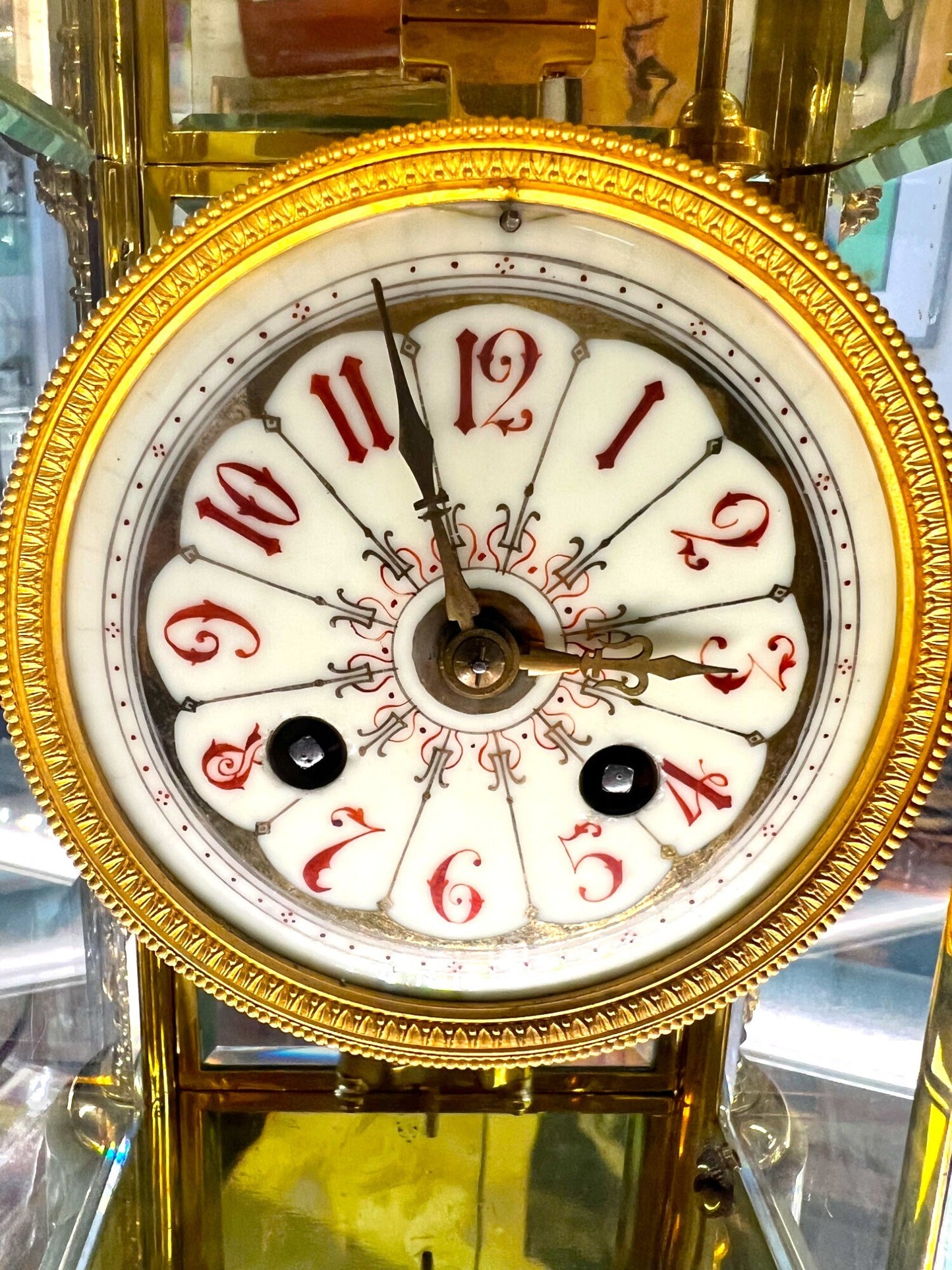 Antique Tiffany Alabaster and Ornate Brass Clock with Skeleton Key