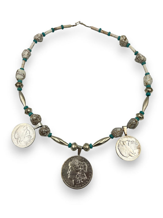 Vintage Turquoise and White Buffalo Silver Dollar Necklace