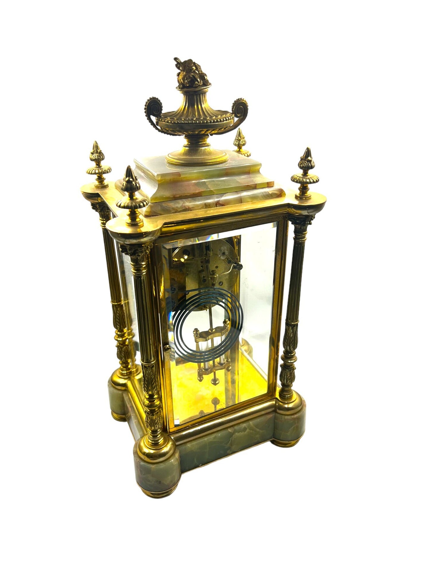 Antique Tiffany Alabaster and Ornate Brass Clock with Skeleton Key