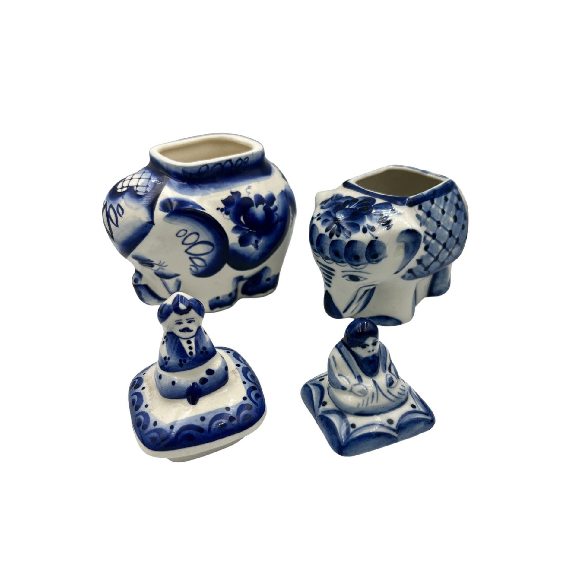 Pair of Vintage Russian Gzhel Indigo Porcelain Elephants with Lids