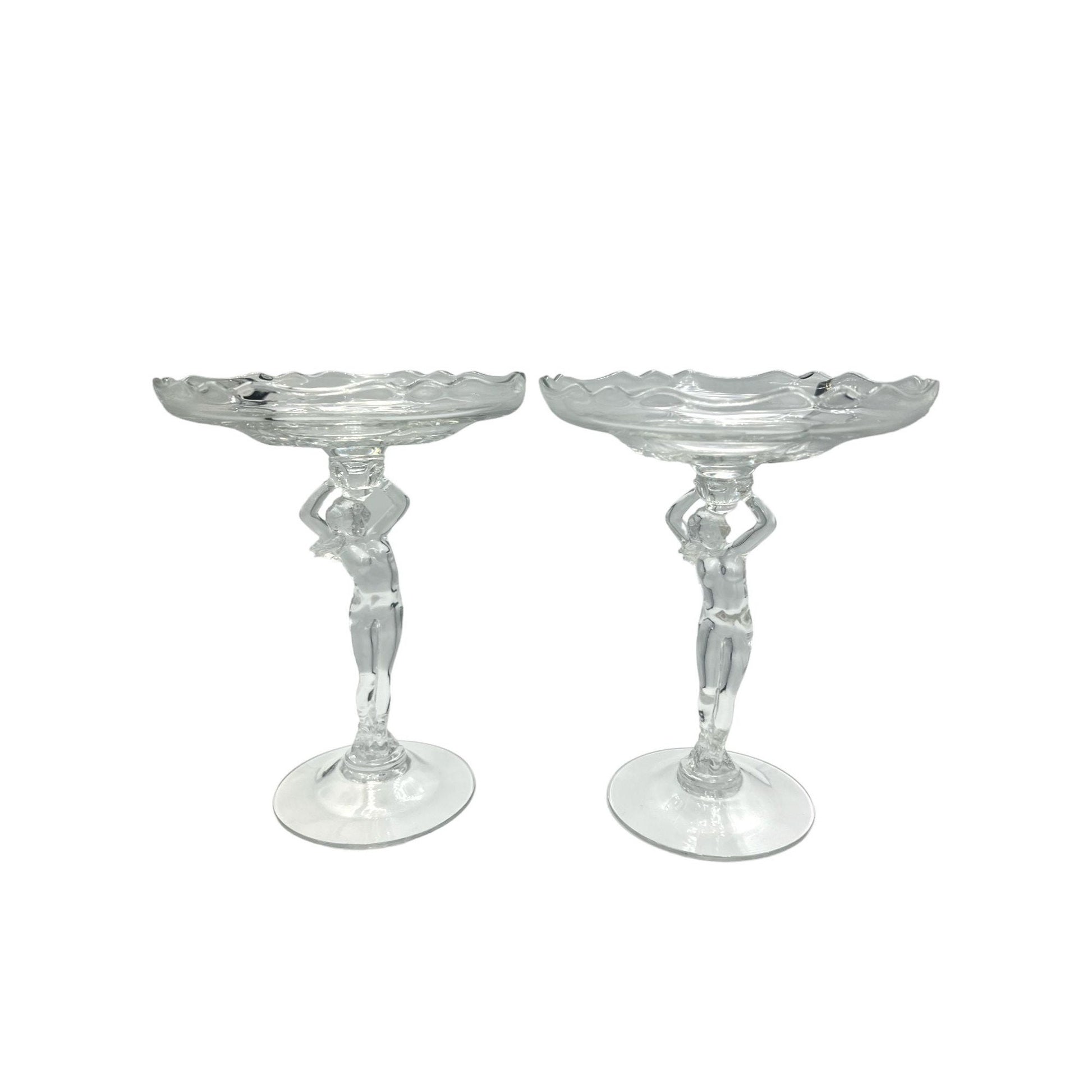 Pair Cambridge Crystal Glass Nude Stem Compote Glassware