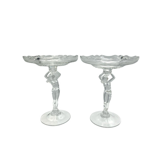 Pair Cambridge Crystal Glass Nude Stem Compote Glassware