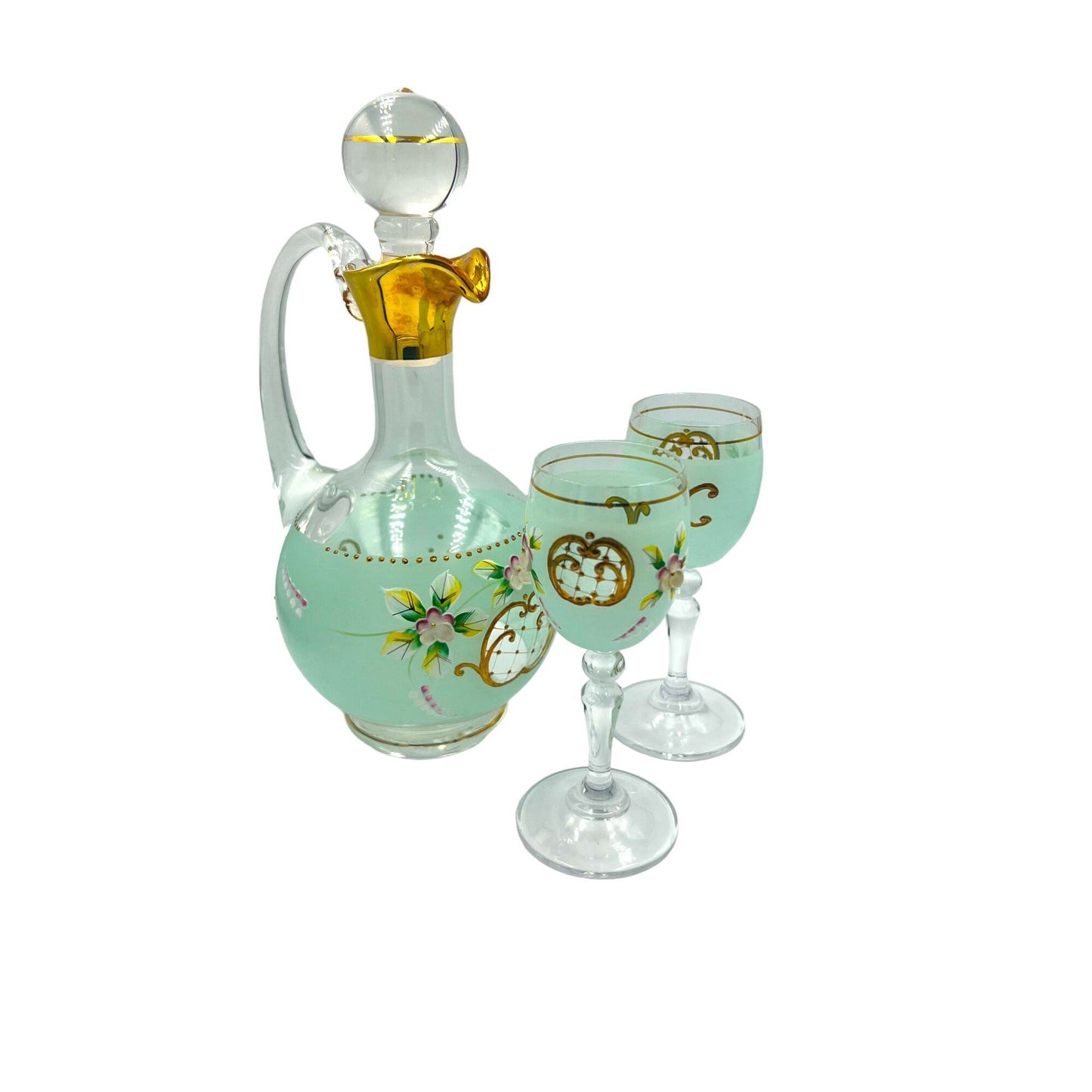 Antique Wine Decanter Set with Tiffany Blue Decanter, 2 glasses, and stopper