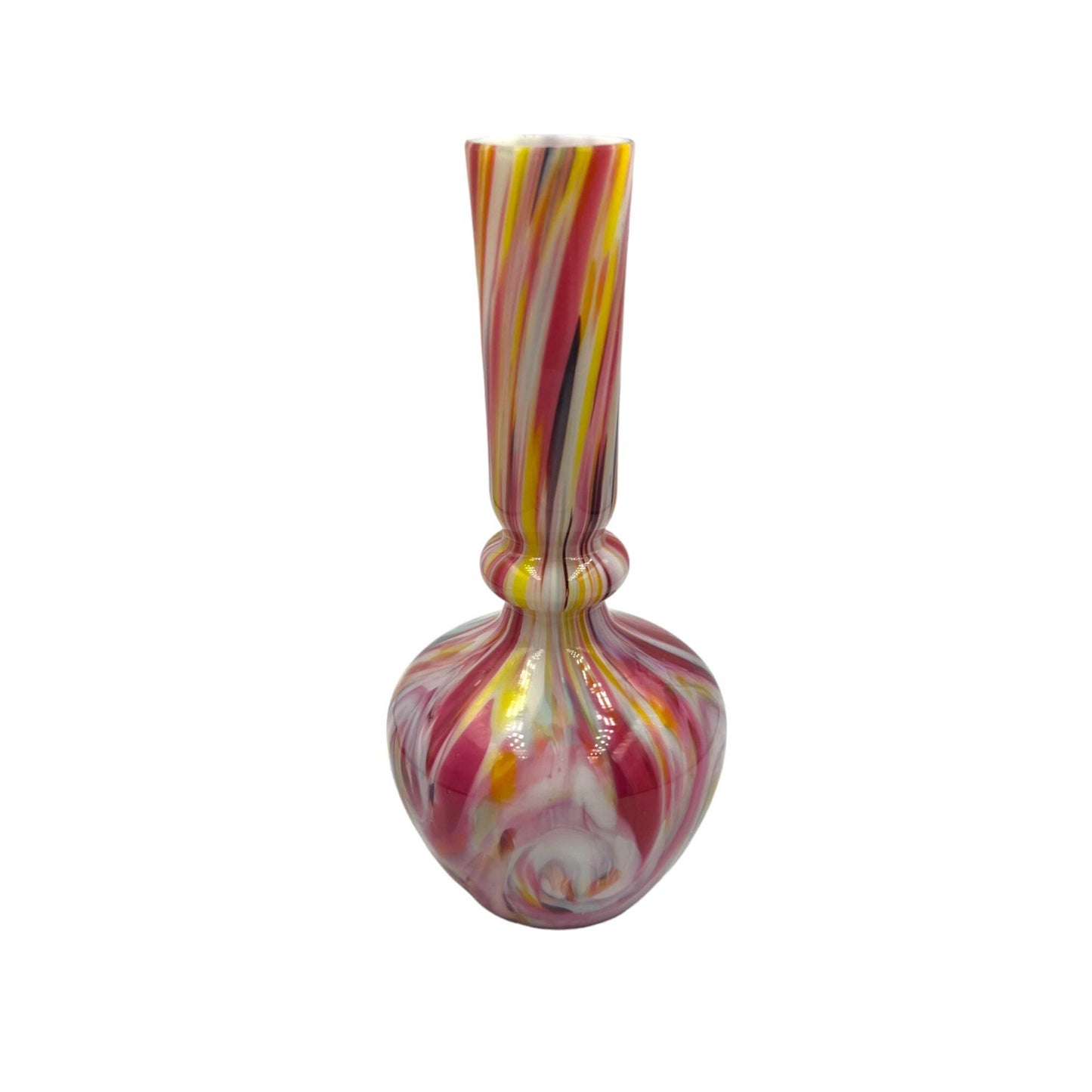 Vintage Handblown Glass Vase with Pink and Yellow Abstract Accents