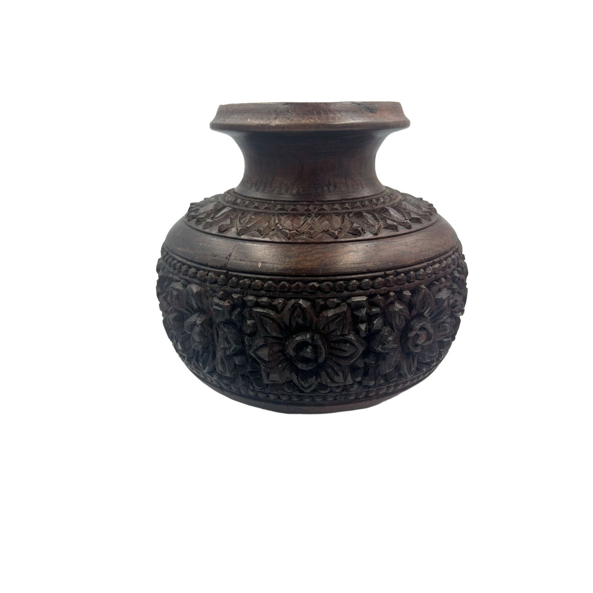 Vintage Ornate Asian Hand Cut Wooden Vase