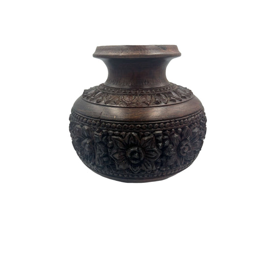 Vintage Ornate Asian Hand Cut Wooden Vase