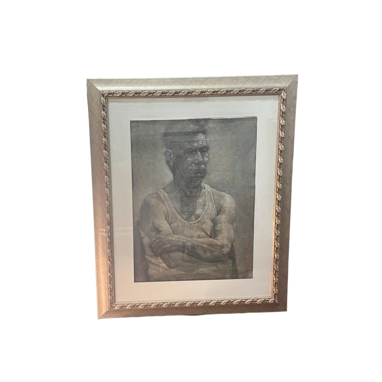 Vintage Large Graphite Portrait Drawing Framed