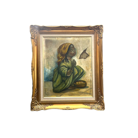 Vintage Oil Painting of Girl Praying in Ornate Gold Frame Mathies