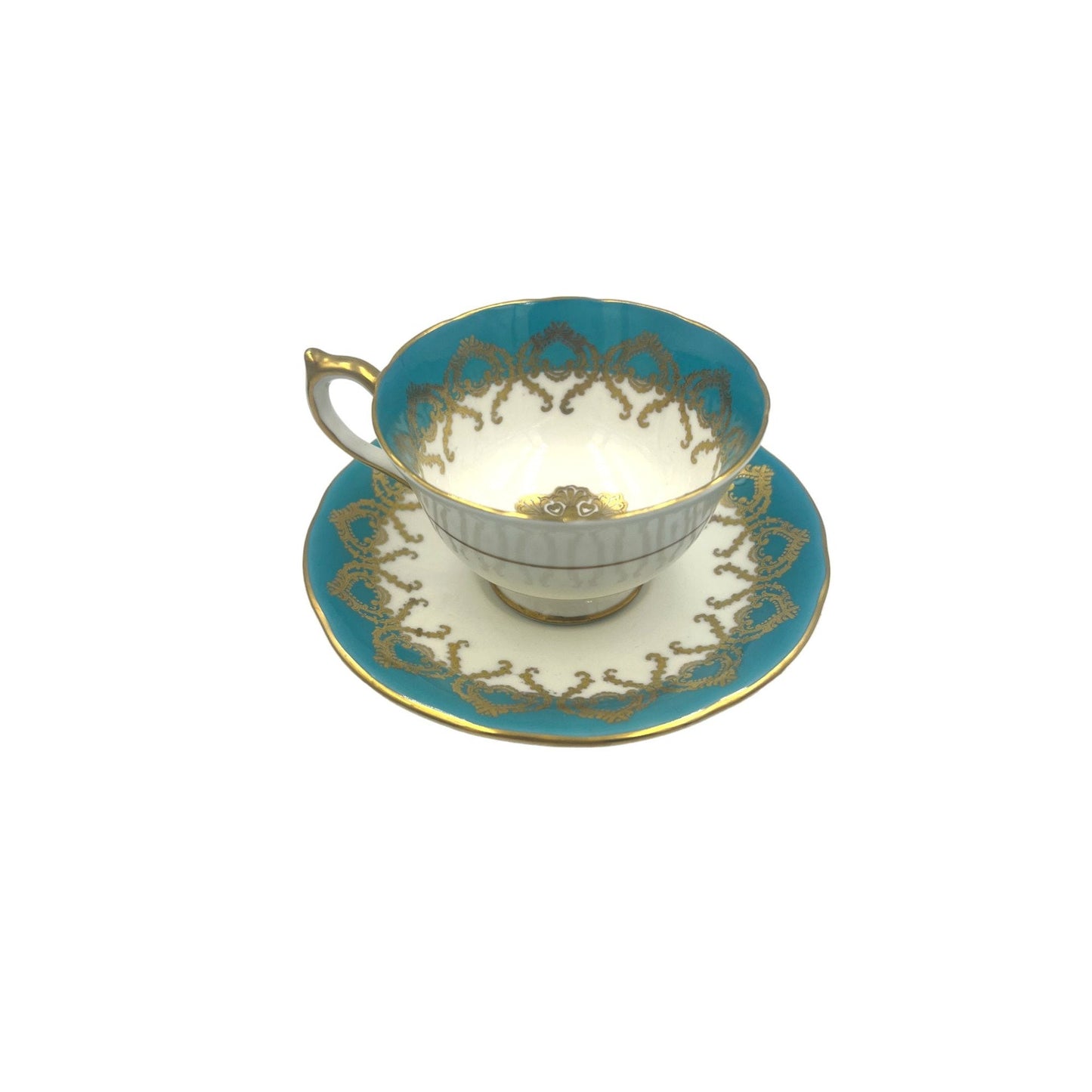 Vintage Teal and Gold Aynsley Porcelain Tea Cup and Saucer