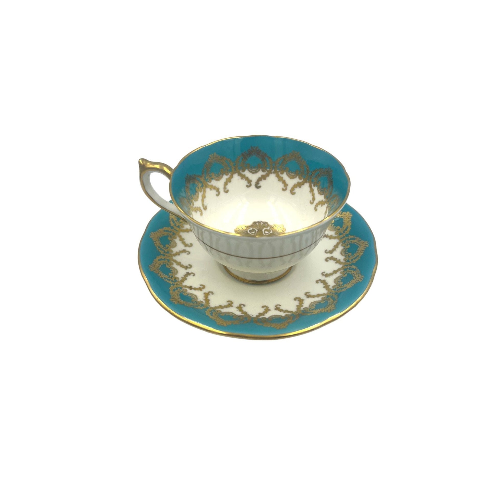 Vintage Teal and Gold Aynsley Porcelain Tea Cup and Saucer