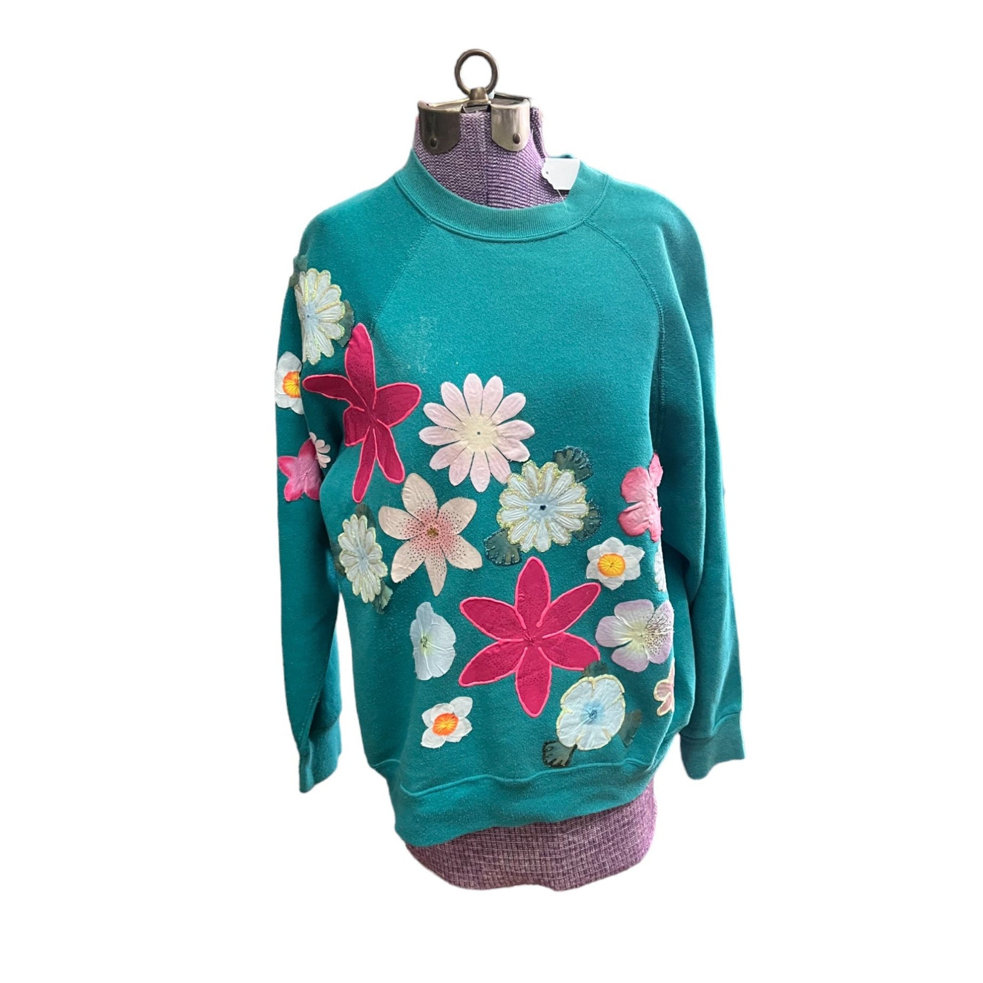 Vintage Large Teal Handmade Floral Sweater