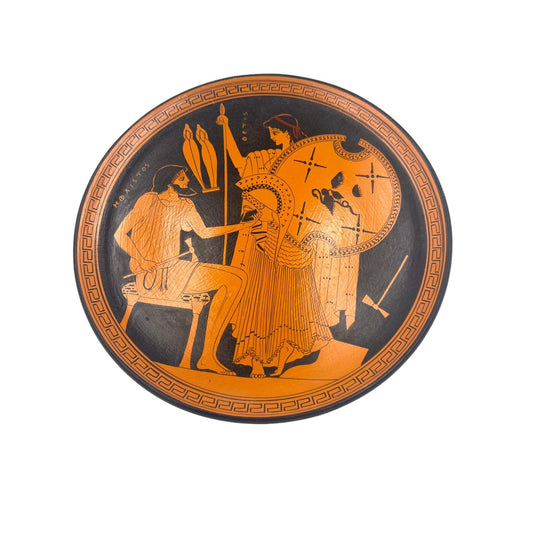 Antique Clay and Black Plate, signed Exact Replica Thetis and Hephaestus