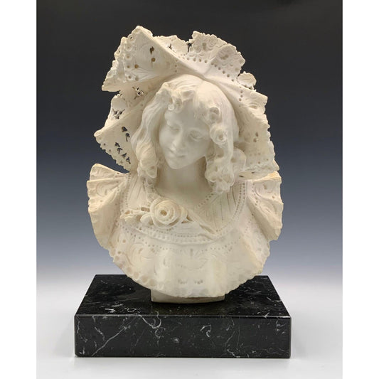 Vintage Antique Alabaster Bust of Young Woman on Marble Base