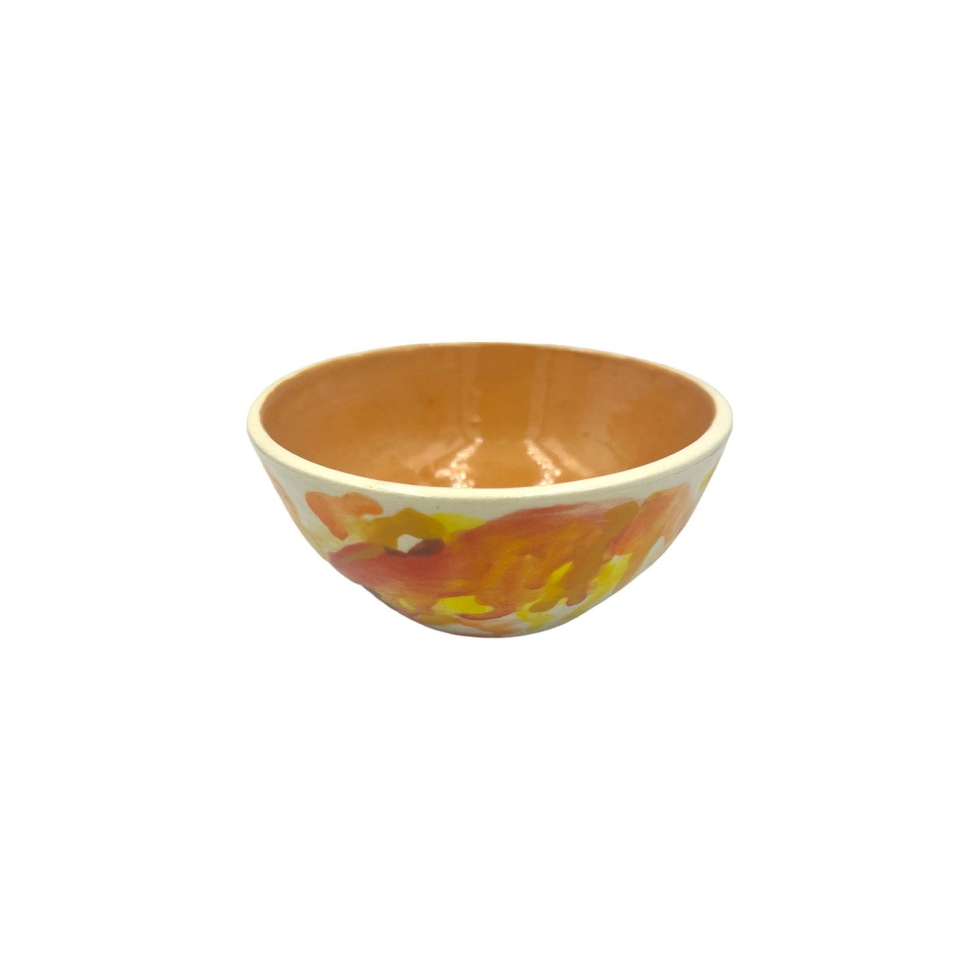 Vintage Abstract Bowl with Orange and Yellow Glaze over White Base