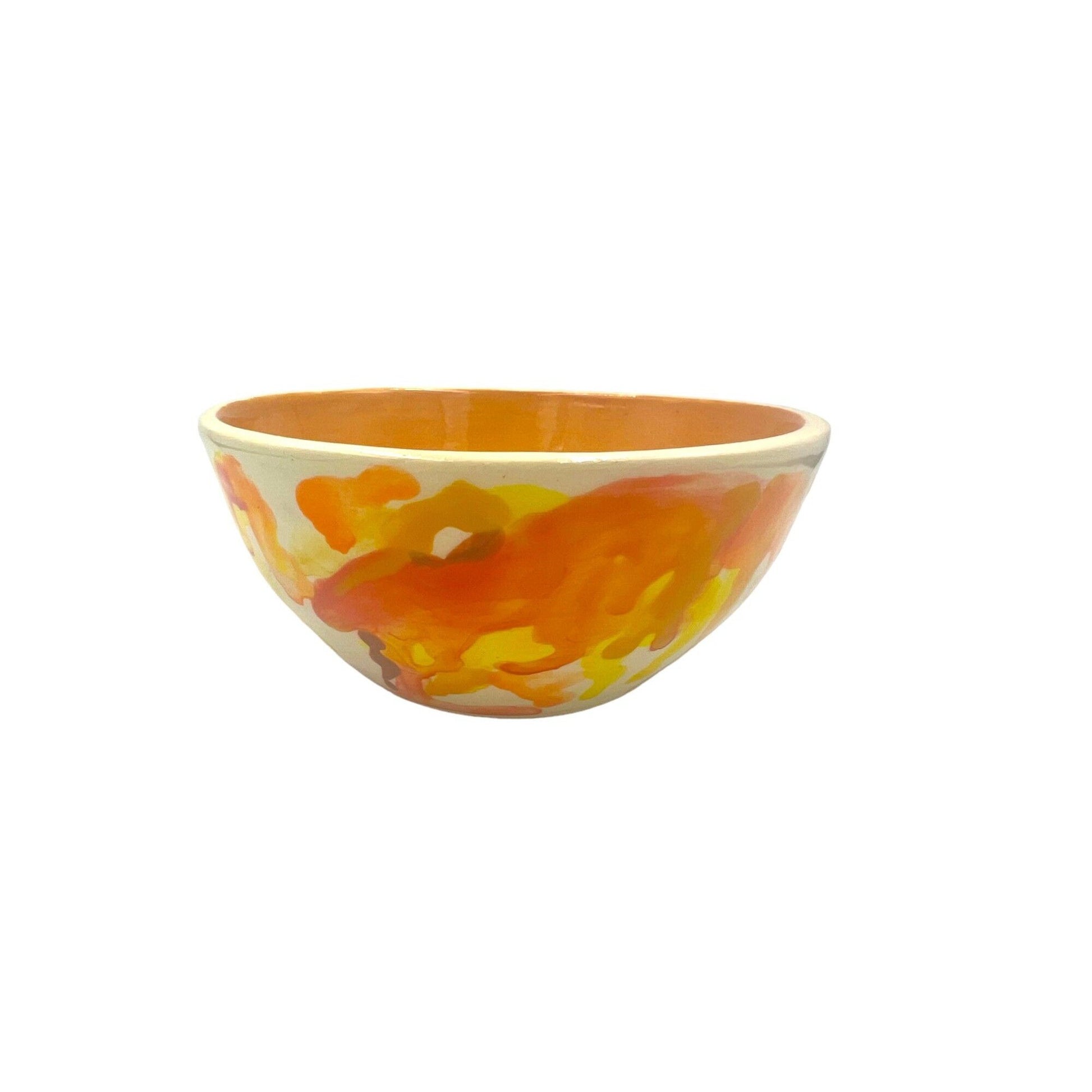 Vintage Abstract Bowl with Orange and Yellow Glaze over White Base