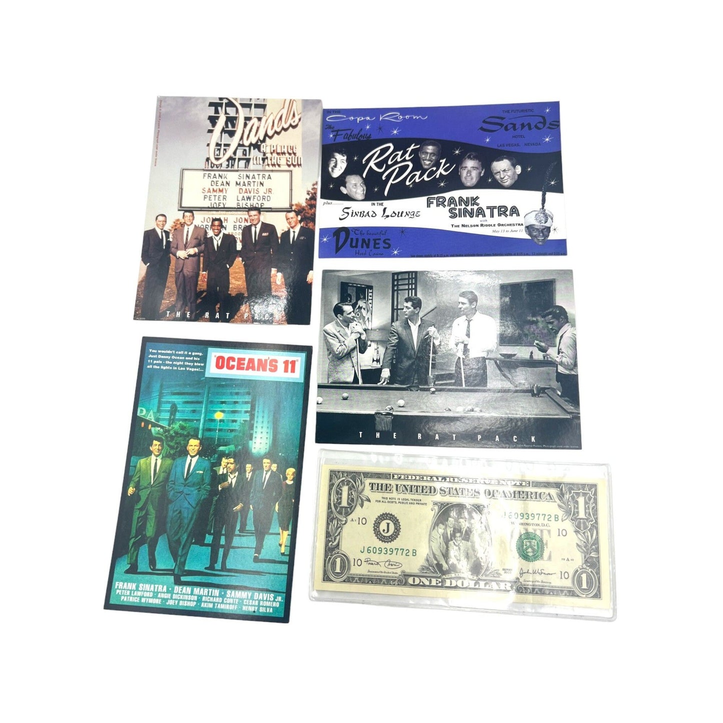 Vintage Las Vegas Residency Bundle of Postcards (4) and Dollar Bill (1) Sinatra Martin Rat Pack