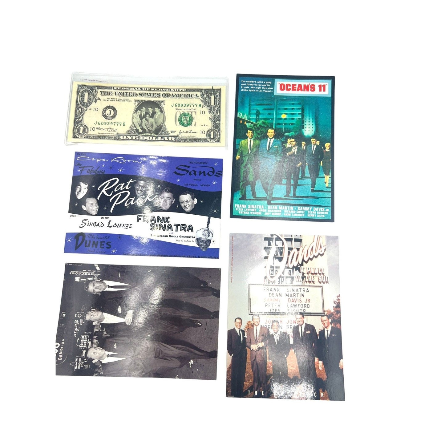 Vintage Las Vegas Residency Bundle of Postcards (4) and Dollar Bill (1) Sinatra Martin Rat Pack