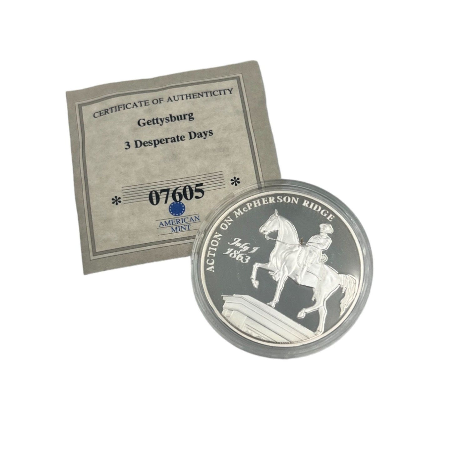 Commemorative Gettysburg Three Desperate Days Silver Coin in Case with COA