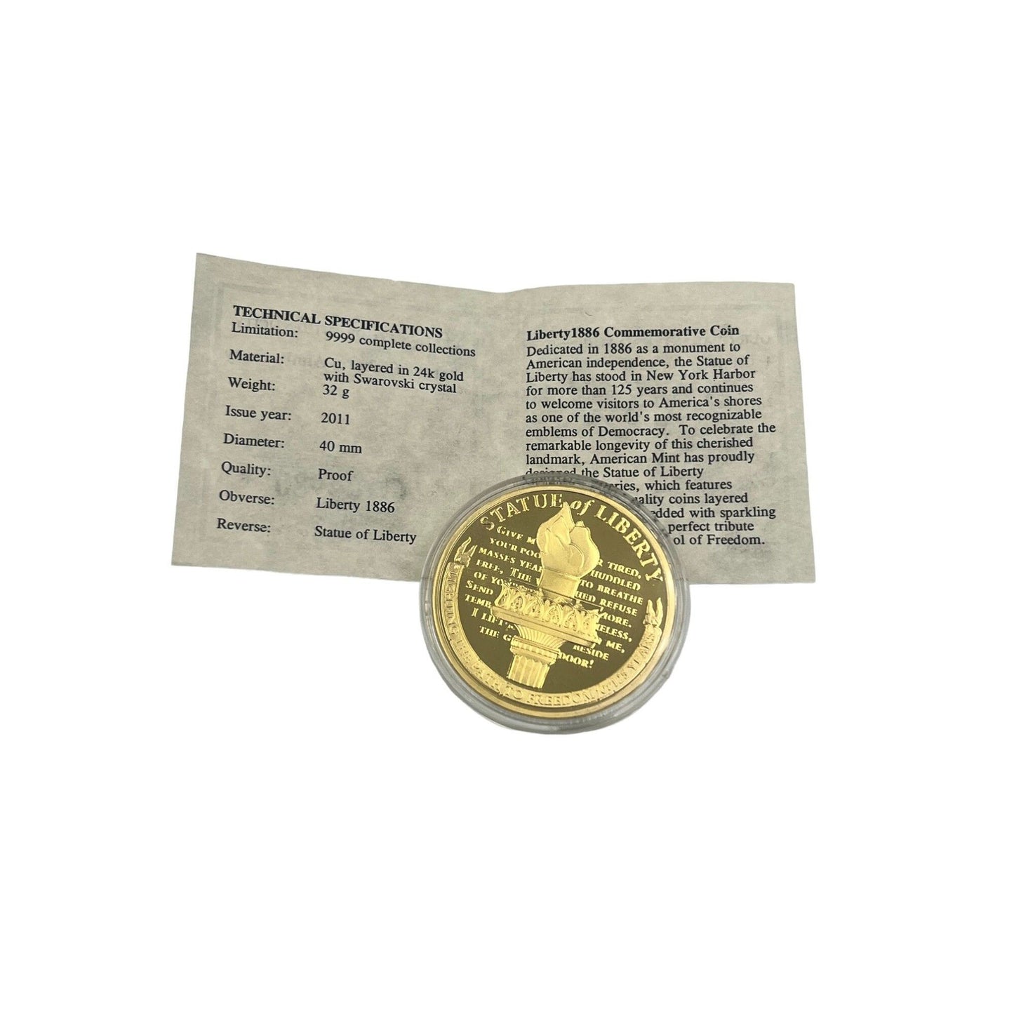 Commemorative 1886 Statue of Liberty Coin in case with COA