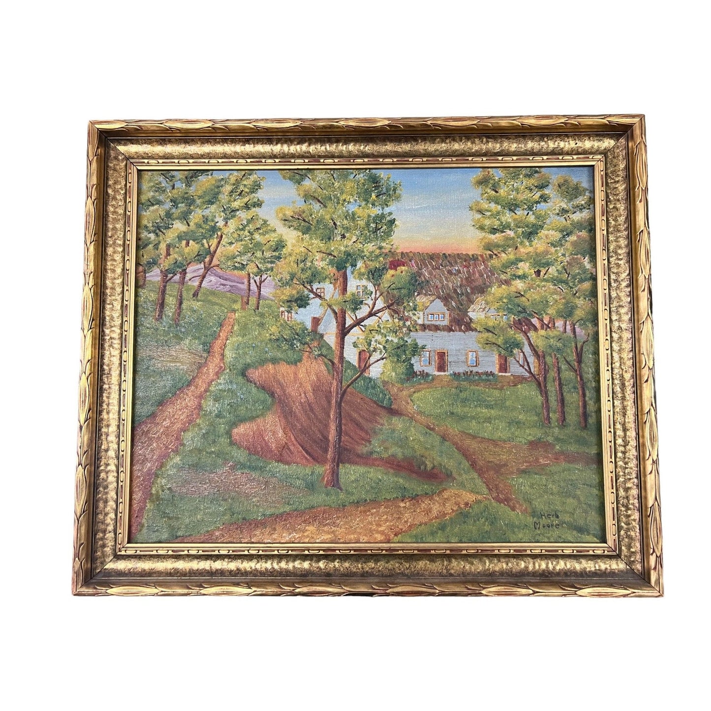 Vintage Landscape American Folk Painting in Gold Frame by Herb Moore