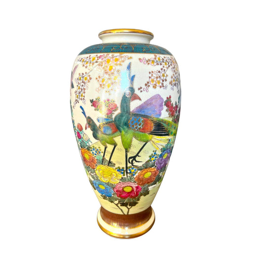 Vintage Japanese Satsuma Floral Peacock Vase