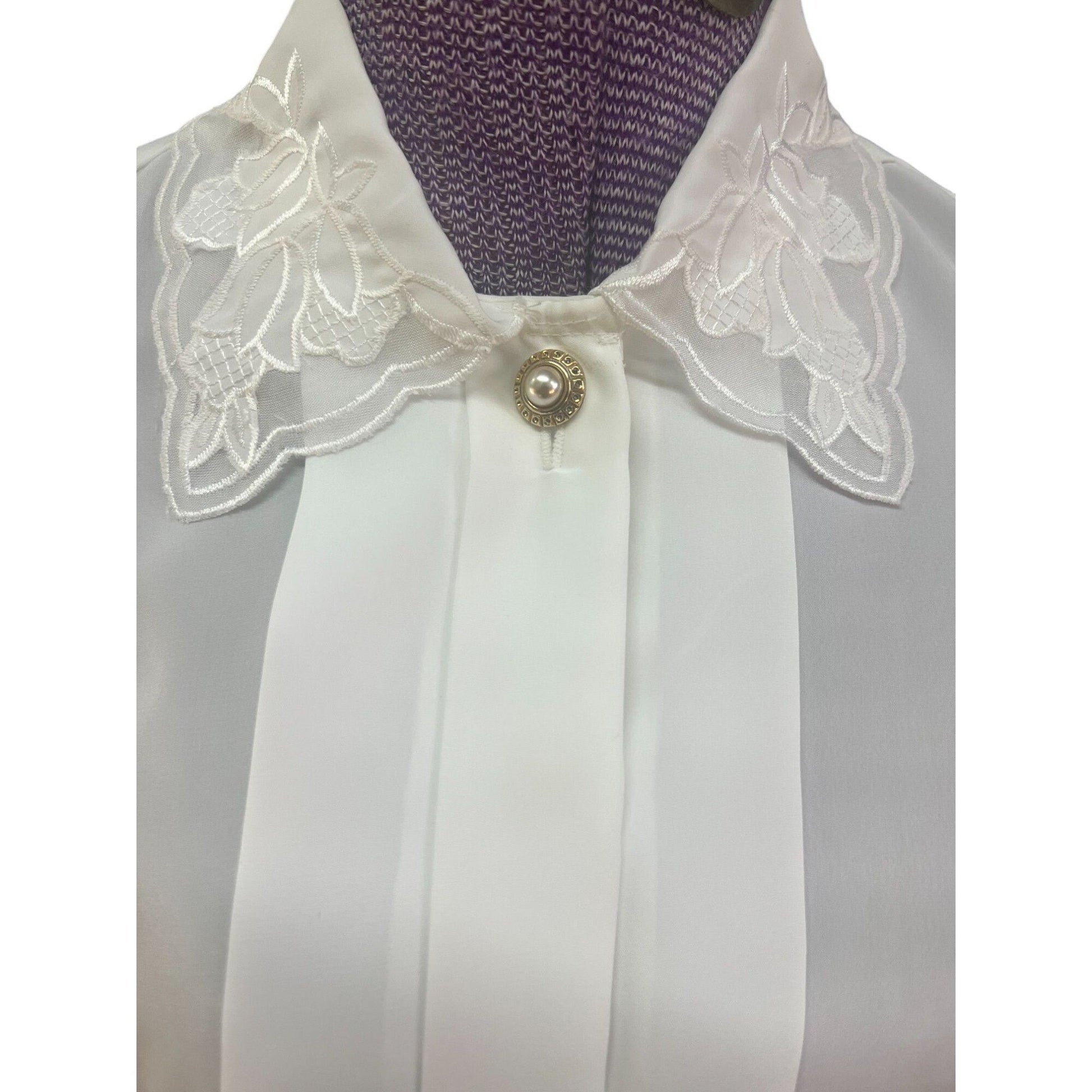 Vintage Marlis Paris White Blouse Petite Size 2 with Floral Embroidery