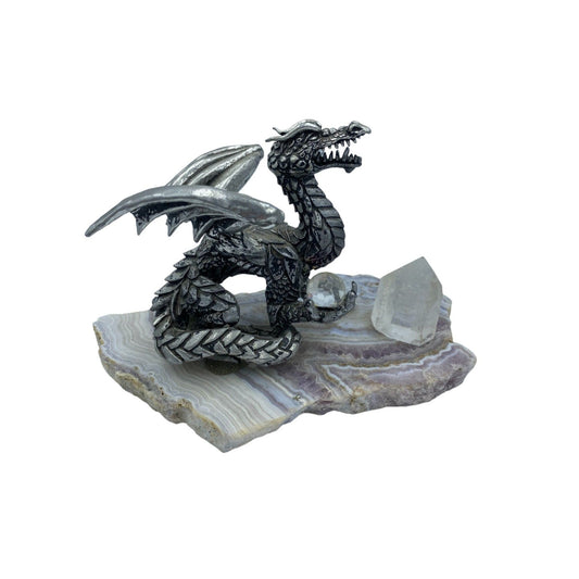 Vintage Pewter Dragon Figurine on Quartz Base with Crystal