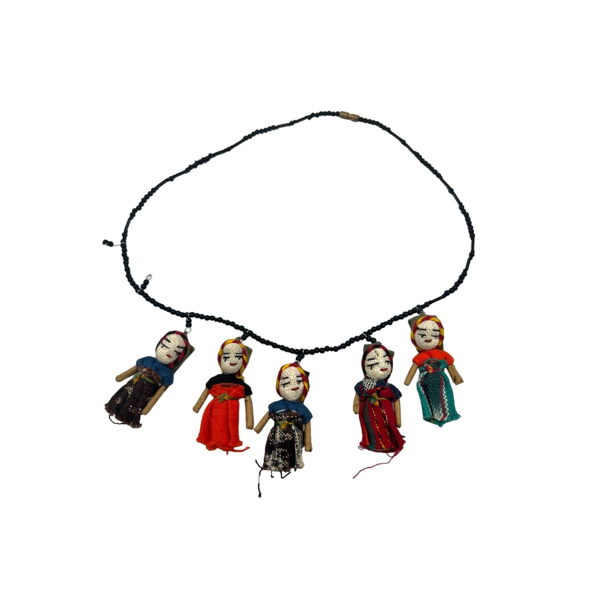 Vintage Latin American Handmade Doll Necklace Thin Black Beads & Twist Clasp