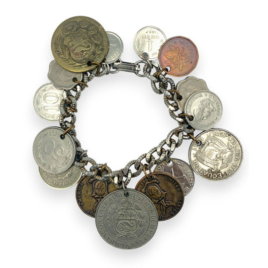 Vintage Foreign Coin Charm Sterling Silver Bracelet