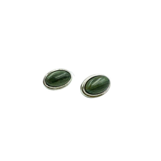 Vintage Olive Green Fossil and Silver Stud Earrings