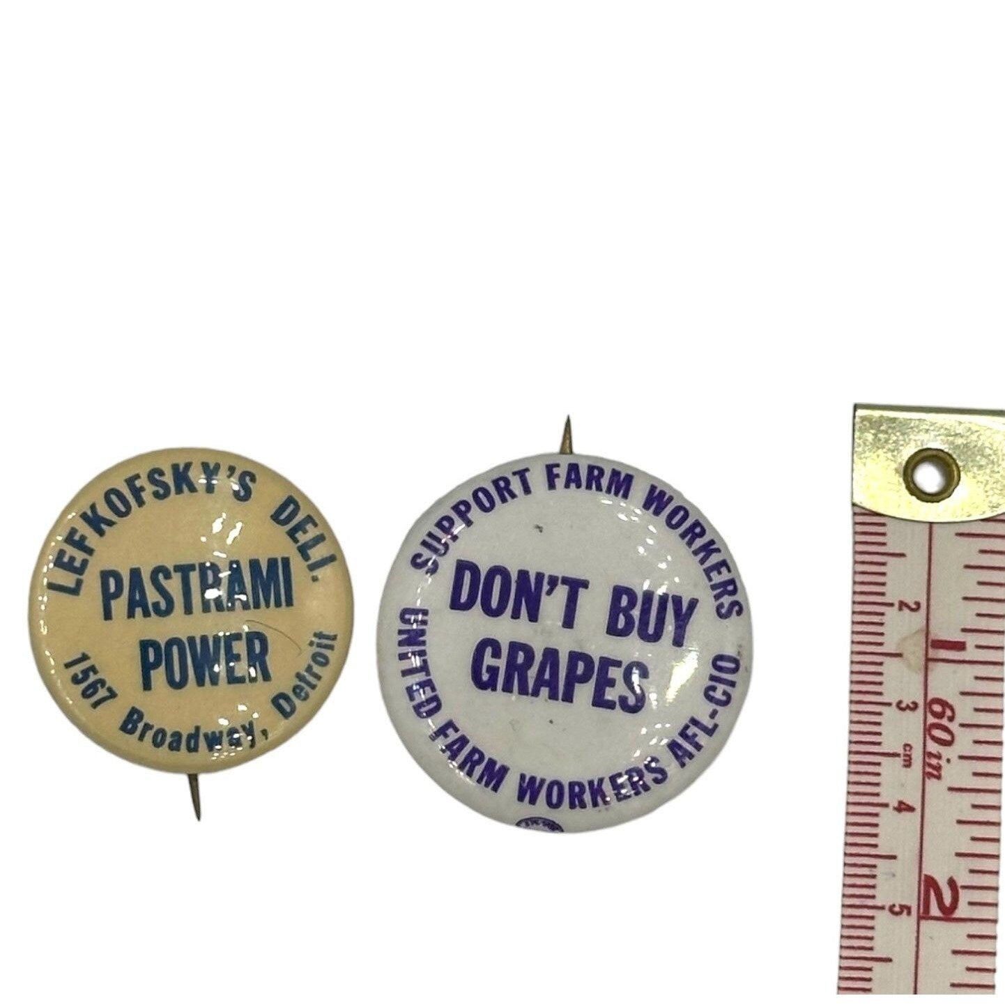 RARE Two Vintage Protest Pins "Don't Buy Grapes" and "Pastrami Power"