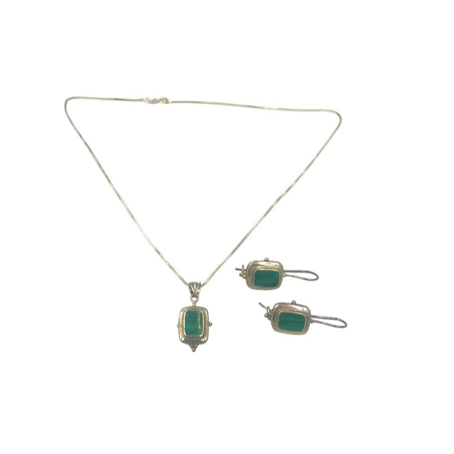 Vintage Malachite and Silver Pendant Necklace and Drop Earring Set