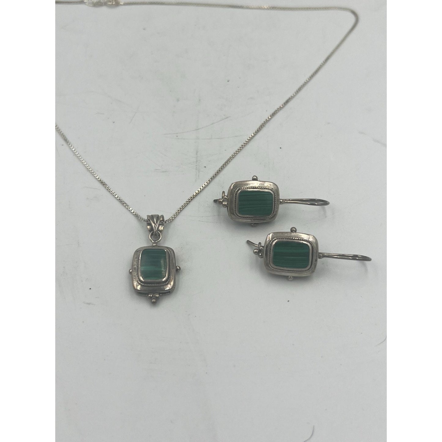 Vintage Malachite and Silver Pendant Necklace and Drop Earring Set