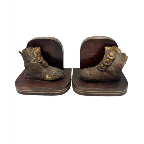 Vintage Leather Brass and Wood Baby Shoe Book Ends