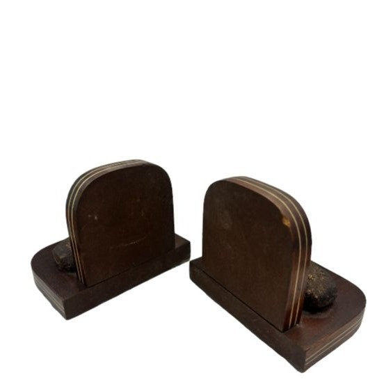 Vintage Leather Brass and Wood Baby Shoe Book Ends