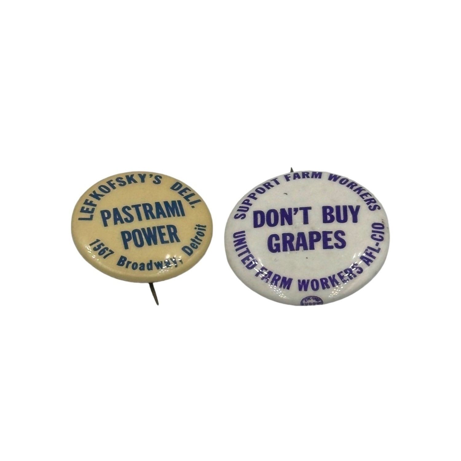 RARE Two Vintage Protest Pins "Don't Buy Grapes" and "Pastrami Power"