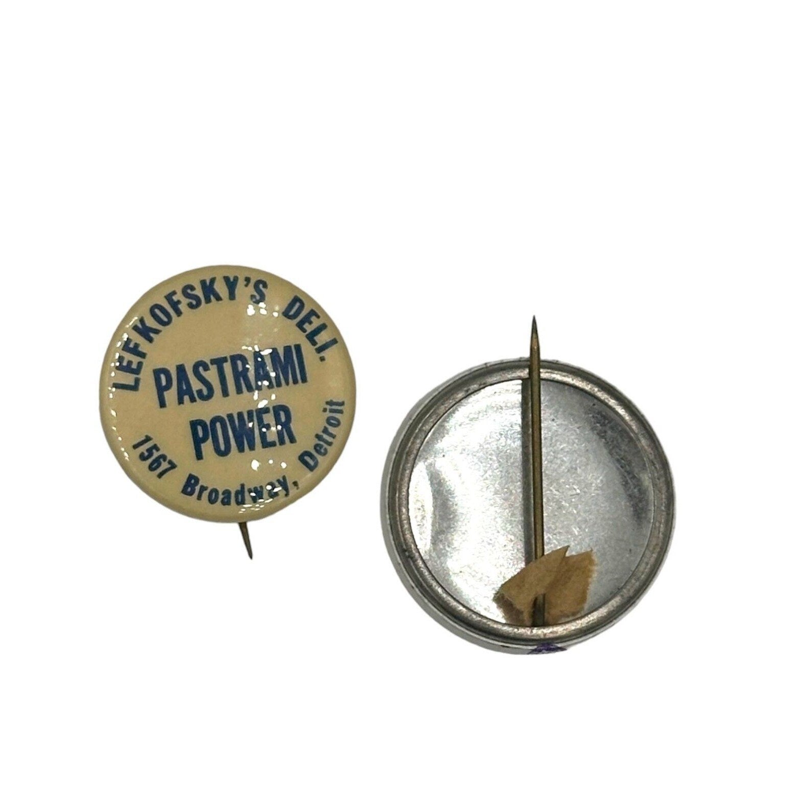 RARE Two Vintage Protest Pins "Don't Buy Grapes" and "Pastrami Power"