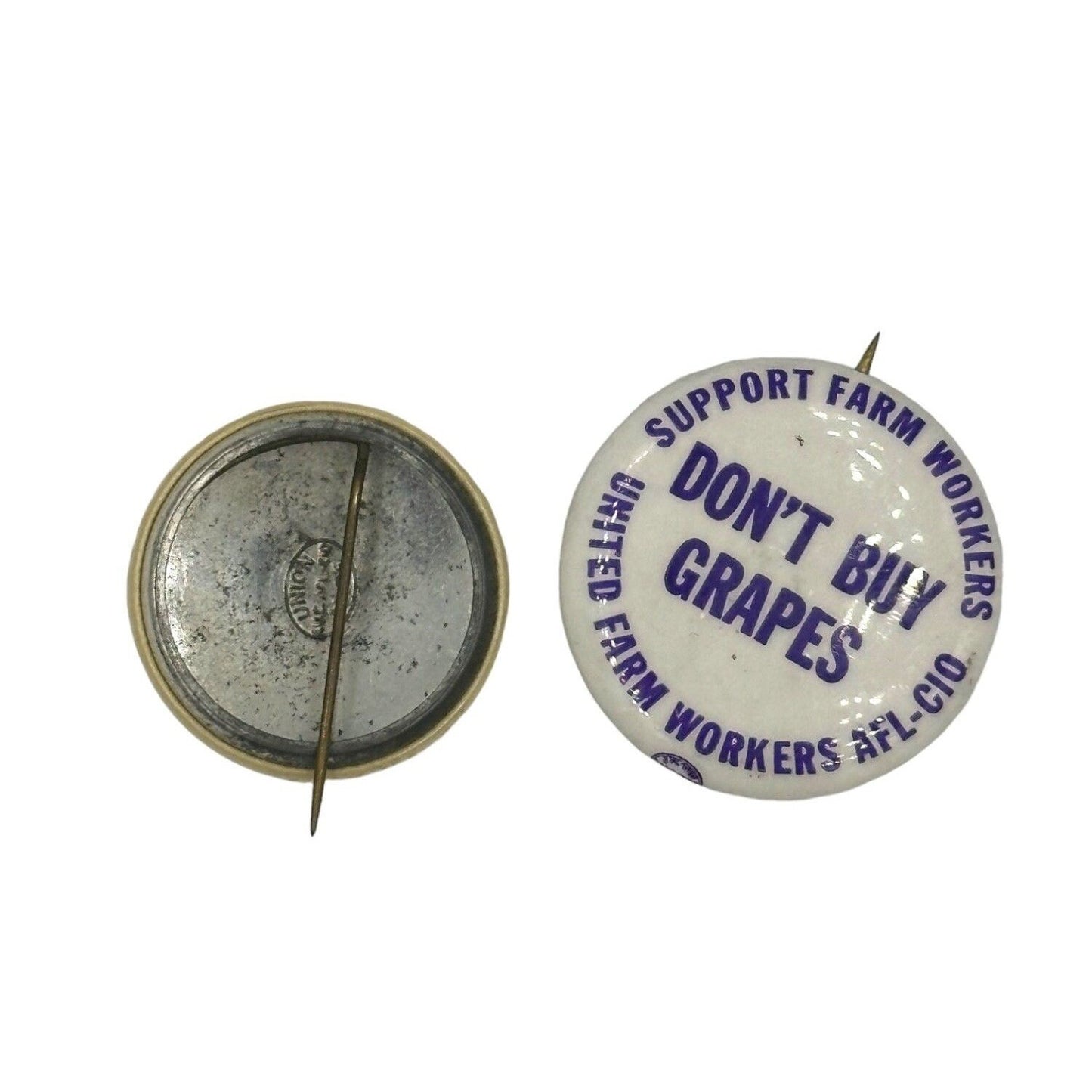 RARE Two Vintage Protest Pins "Don't Buy Grapes" and "Pastrami Power"